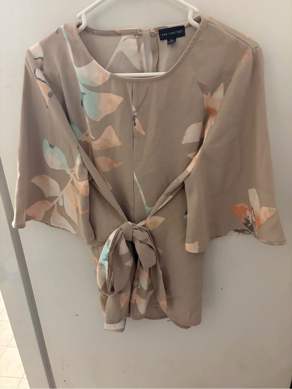 The Limited Taupe Floral Tie-Front Blouse with Mint & Peach Accents
